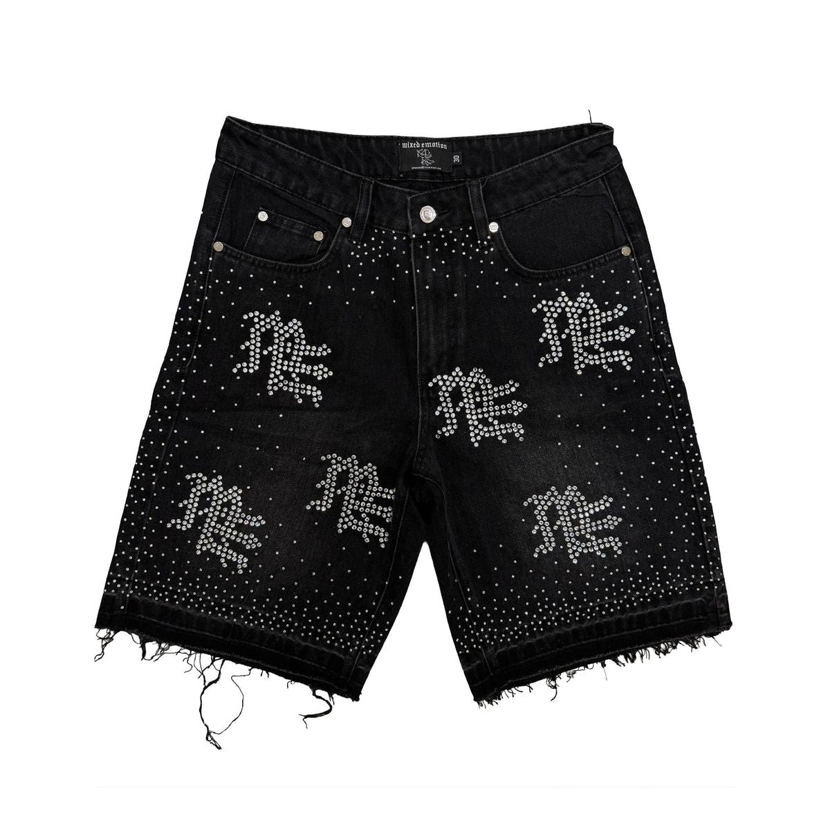 - mixed emotions - Black ME Rhinestone Denim Shorts